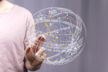 Poster - A hand interacts with a 3D holographic sphere visualizing global internet connections.