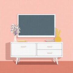Poster - Flat illustration of a simple living room setup with a , cabinet, and plants.
