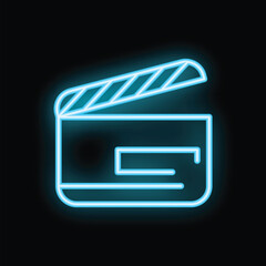Poster - Neon blue clapperboard glowing on black background symbolizing movie production and entertainment industry
