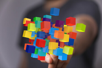 Poster - Abstract image of colorful cubes representing data, innovation, and technology. Ideal for tech, business, and design.