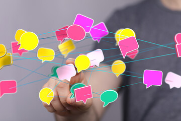 Poster - Abstract image of interconnected speech bubbles representing communication and networking.