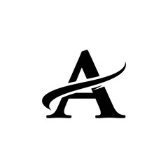 Poster - A bold black letter a with a curved line accent isolated on a white background in a minimalist design style
