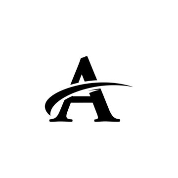 A bold black letter a with a curved swoosh design element isolated on a white background graphic design