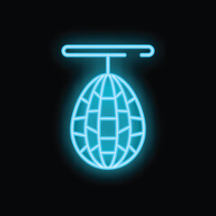 Poster - Blue neon icon of a disco ball hanging from the ceiling on a black background