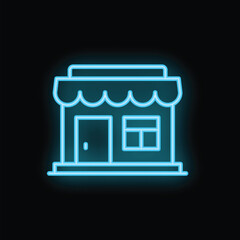 Poster - Blue neon sign representing a shop with awning, isolated on black background