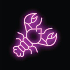Poster - Bright purple neon sign on a black background showing a lobster with open claws