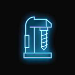 Poster - Blue neon sign depicting a drilling machine on a black background, ideal for illustrating concepts such as industry, construction, and manufacturing