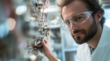 Poster - Scientist conducting research in a laboratory while examining complex equipment and systems in a modern scientific setting
