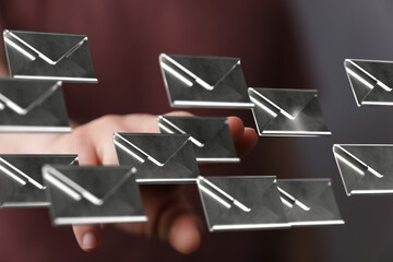 Aufkleber - Abstract image of hand interacting with floating email icons.  Perfect for technology or communication concepts.