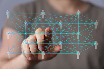 Poster - Hand pointing at digital network, teamwork, global communication, connection, technology.