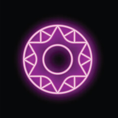 Poster - Bright pink neon sign glowing on a black background showing a round geometric pattern, perfect for concepts like decoration or nightlife