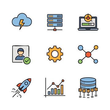 Flat Line Style Data Technology Colorful Icon Collection Set