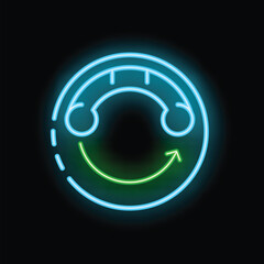 Poster - Neon sign illustrating blue phone handset making smiling face with green arrow on black background
