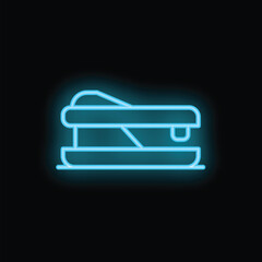 Poster - Bright blue neon stapler icon glowing on a black background