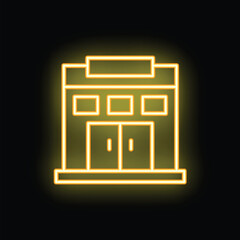 Poster - Yellow neon sign representing a building with double doors, windows and a sign, isolated on a black background