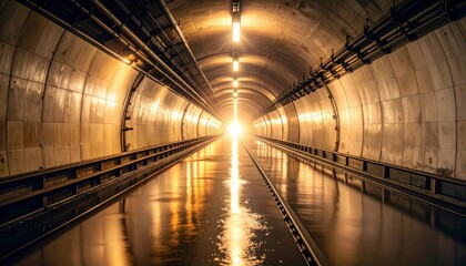 Poster - Waterlogged Metro Tunnel Captured During Golden Hour Glow