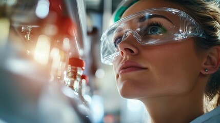 Poster - Female scientist working diligently in a laboratory, focusing on precise instruments and research tasks for innovative discoveries
