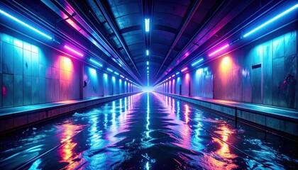 Poster - Neon-lit Waterlogged Metro Tunnel with Reflective Water Surface