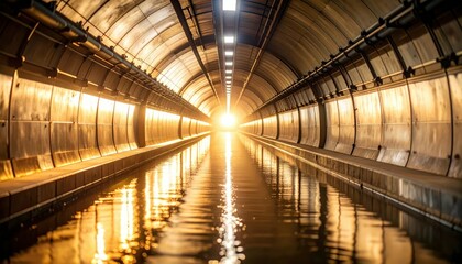 Poster - Golden Hour Glow in Waterlogged Metro Tunnel with Shimmering Surface