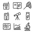 © Svitlana - Biodiversity Monitoring Icons. Outline icon set of biodiversity monitoring: camera trap, field notebook, butterfly net, acoustic