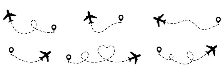 Poster - Airplanes routes with dotted line collection. Flying planes path with start point. Travel concept. Vector illustration isolated on white.