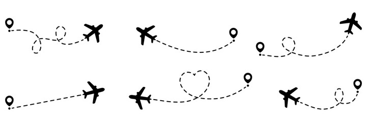 Poster - Airplanes routes with dotted line collection. Flying planes path with start point. Travel concept. Vector illustration isolated on white.
