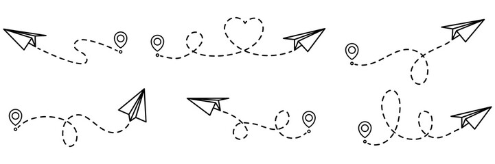 Poster - Paper planes routes with dotted line collection. Flying planes path with start point. Travel concept. Vector illustration isolated on white.