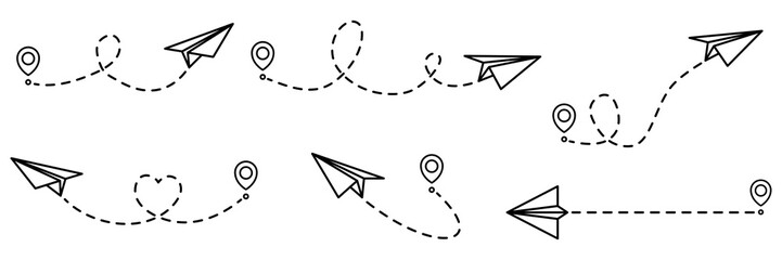 Poster - Paper planes routes with dotted line collection. Flying planes path with start point. Travel concept. Vector illustration isolated on white.