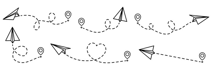 Poster - Paper planes routes with dotted line collection. Flying planes path with start point. Travel concept. Vector illustration isolated on white.