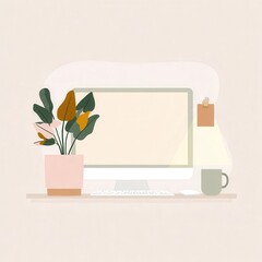 Poster - Home office workspace with potted plant, computer, and a mug.