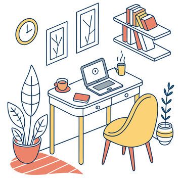 Isometric view of a workspace with a laptop desk chair plants clock and wall art in a cozy room setting