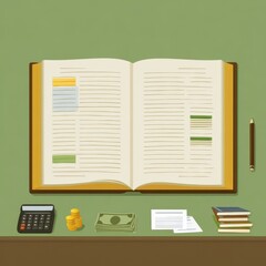 Poster - Open book, financial documents, and a calculator on a desk.