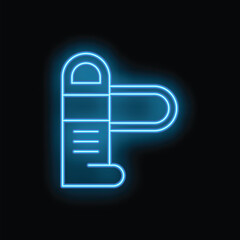 Poster - Blue glowing neon line parking car barrier icon isolated on black background. Street road stop barrier, parking lot equipment. Vector illustration
