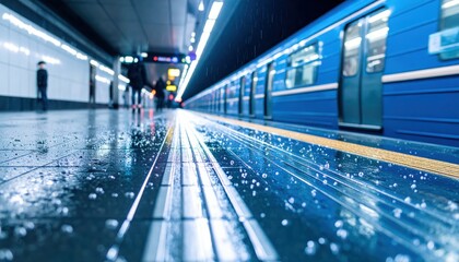 Poster - Wet Subway Platform with Footprints and UV Glow at Low Angle