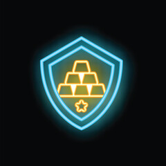 Poster - Neon sign of a blue shield protecting gold bars, representing the concept of financial security