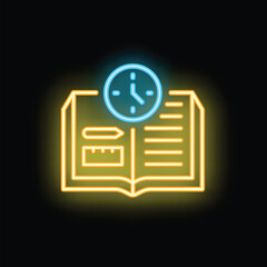 Poster - Neon icon of an open book with a clock above it, symbolizing the importance of time management in studying and learning