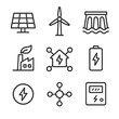 © Svitlana - Renewable Energy Icons. Outline icon set of renewable energy integration: solar panel, wind turbine, hydro dam, bioenergy plant,