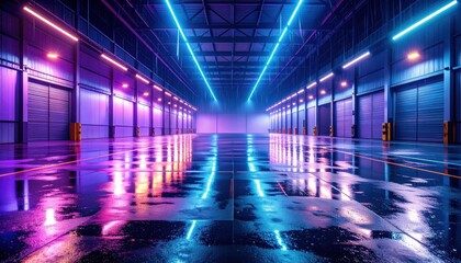 Poster - Vibrant Neon Warehouse Interior with Rainy Reflections and Low Angle