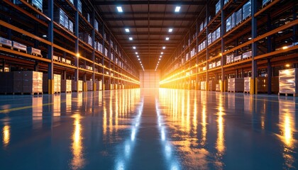 Poster - Neon Glow in a Shimmering Wet Warehouse Interior at Golden Hour