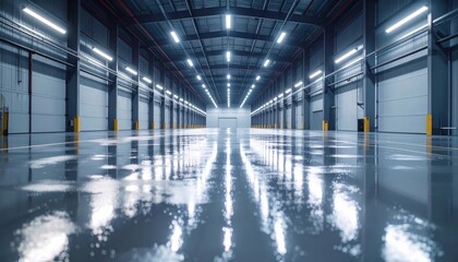 Poster - Expansive Wet Warehouse Interior with Neon Lighting and Footprints