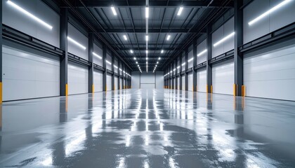 Poster - Spacious Neon-Lit Warehouse Interior with Wet Floor Reflections