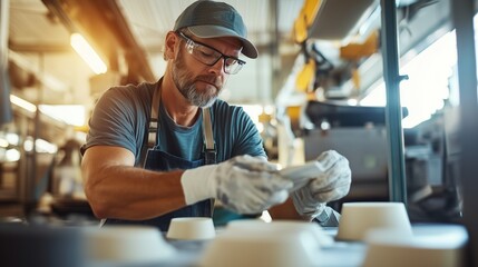 Aufkleber - Skilled worker meticulously inspecting ceramic cups in a well-lit factory at midday
