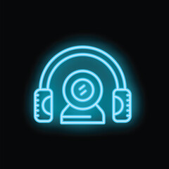 Poster - Blue glowing neon icon of a web camera with headphones, symbolizing podcast recording