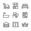 © Тимур Кунець - Room Function Icons. Outline icon set of room function designators: living room, kitchen, bedroom, bathroom, office, storage,