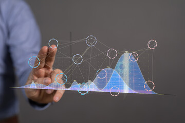 Poster - Businessman interacts with holographic charts and graphs.  Data analysis, technology concept.