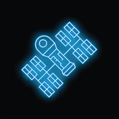 Poster - Blue neon icon of a space station with solar panels glowing on a black background