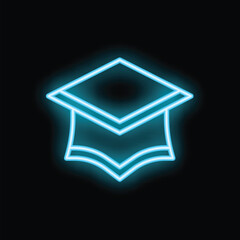 Poster - Bright blue neon graduation cap glowing on a black background, perfect for representing concepts of education and achievement