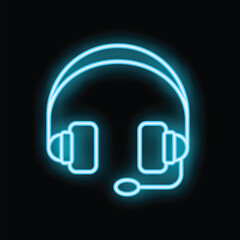 Poster - Blue neon headset shining on black background representing customer service and support