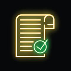 Poster - Glowing neon icon of a document with a green checkmark, symbolizing approval or completion