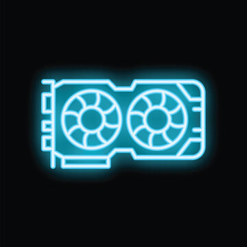 Bright blue neon icon depicting a computer graphics card with two prominent cooling fans, isolated on a black background